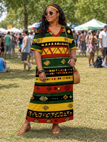 Image of Plus Size Maxi Dress for Women Short Sleeve V Neck Casual Loose Sundress with Pockets