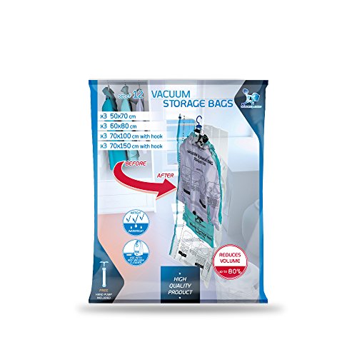 LaundrySpecialistu00ae 12 Bolsas DE Almacenamiento DE VACÍO - Pack Jumbo u0096 para almacenar la Ropa de una Manera compacta. Estancas al Agua y al Aire, para la Mejor protección. u00a1Bomba Gratuita incluida!