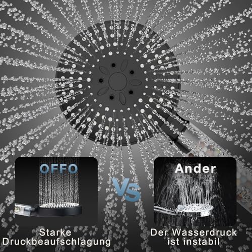 OFFO Duschset mit Filter, Duschkopf gegen Kalk, flexibel, 1,6 m, 6 Modi, Hochdruckstrahl, transparenter Griff, Schwarz