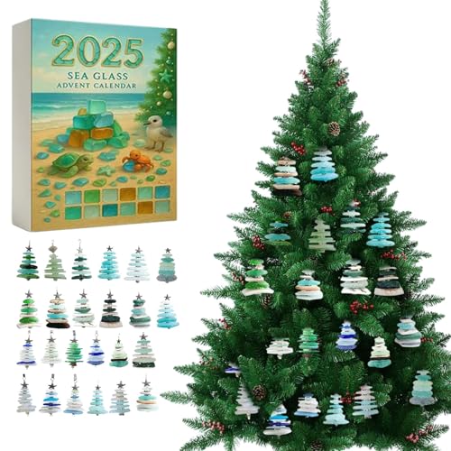 Advent Calendar 2025, Sea Glass Christmas Tree with 24 Mini Natural Sea Glass Tree Christmas Decoration Crafts, 24 Days Christmas Countdown Calendar Handmade Collectible Ornaments (1PC)