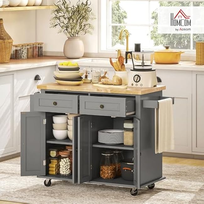 HOMCOM Kitchen Island Cart with Rubber Wood Top, Rolling Kitchen Island Table on Wheels with Drawers, Adjustable Shelves, Spice Rack and Towel Rack for Dining Room, Gray-WZLL9kPn