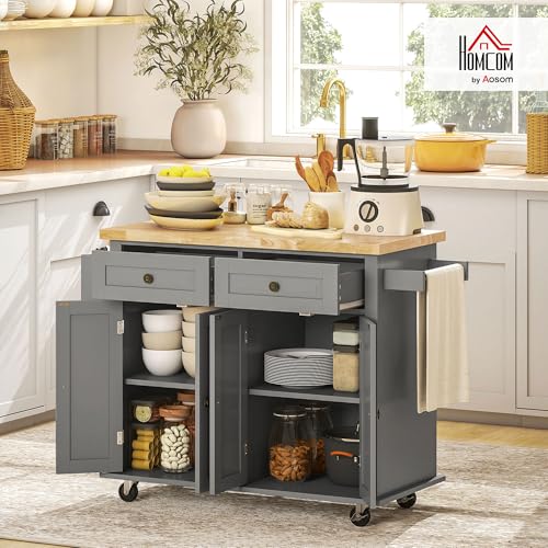HOMCOM Kitchen Island Cart with Rubber Wood Top, Rolling Kitchen Island Table on Wheels with Drawers, Adjustable Shelves, Spice Rack and Towel Rack for Dining Room, Gray