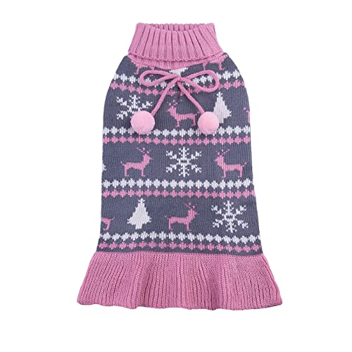 CuteBone Hunde-Schneeflocken-Pullover-Kleid, rosafarbener Hirsch-Strick-Welpen-Pullover mit Craft-Pom-Pom-Ball-Pullover, Rüschenkleid für mittele Hunde DS42L-DE Cover