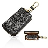 GAOLAOSY Bling Car Key Case, Leather Keyring Zipper Bag with Metal Hook, Remote Key Fob Cover, Auto Keychain Holder (Black Gold)