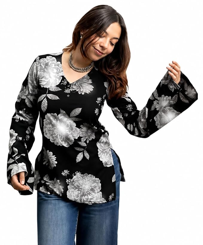 Women's Rayon Floral Printed Short Kurti V Neck Bell Sleeves-picture-35