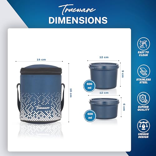 Image of Trueware Omaga Lunch Box with Insulated Fabric Jacket, 2 Microwave Safe & Leak Proof Inner Stainless Steel Containers (1 X 400ml & 1 X 500ml) Tiffin for Office, College