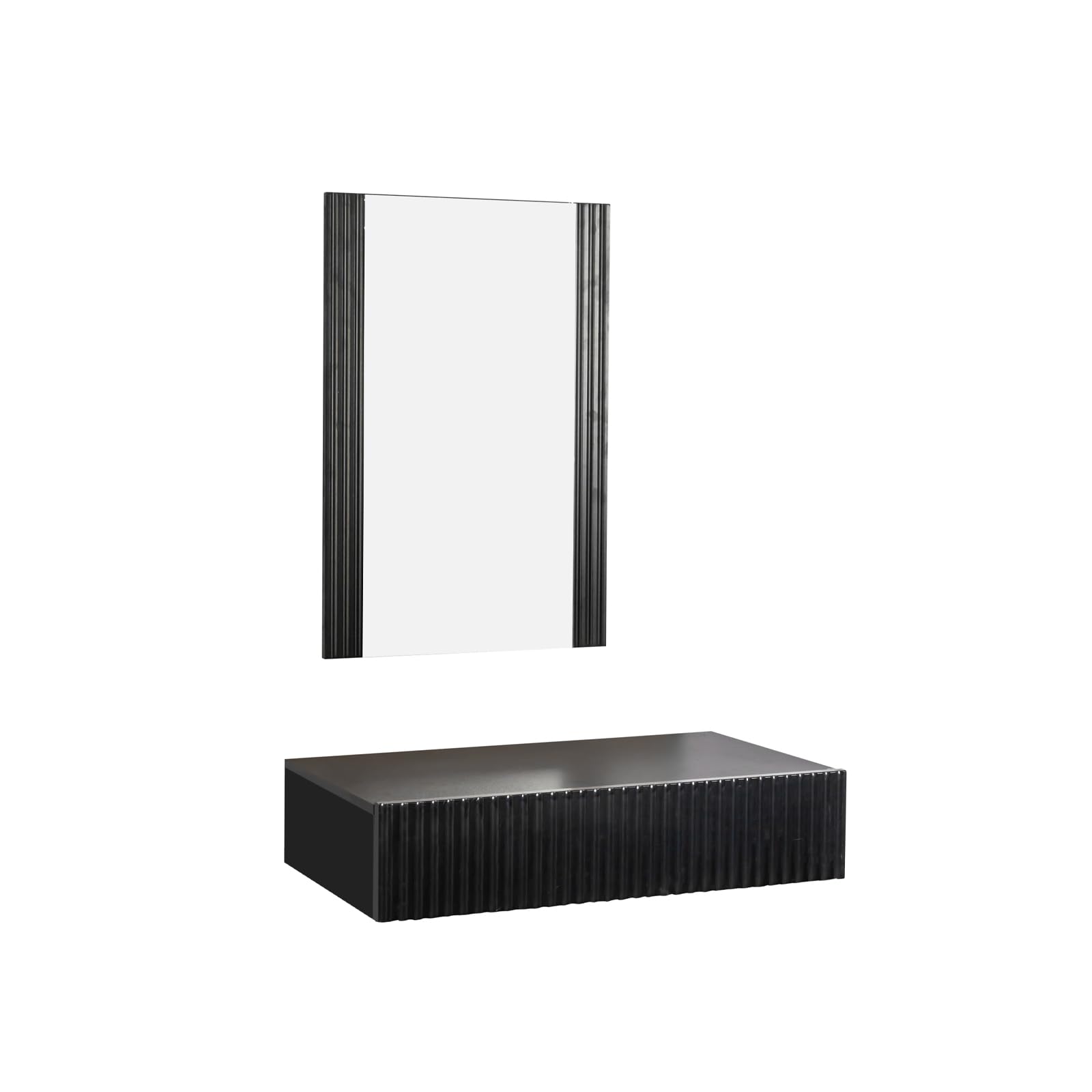 MB Muebles Bonitos, Recibidor Colgante con Espejo Amira, Mueble de Entrada con Cajón y Diseño Acanalado, Melamina y PVC, Color Negro, Ideal para Entradas y Pasillos