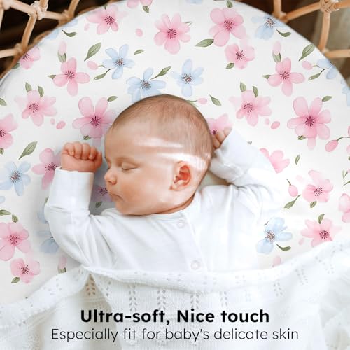 Image of Baby Bassinet Sheets Girl, 3 Pack Fitted Bassinet Mattress Sheets, Compatible with Halo Bassinest Swivel Sleeper&Oval Hourglass Rectangle Mattress,Ultra Soft Butterfly Floral
