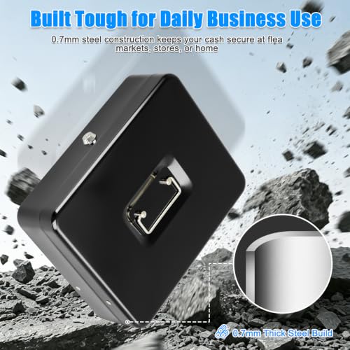 Image of KYODOLED Metal Cash Box with Key Lock, Anti-Theft Cable & Waterproof Pouch | Heavy Duty 0.7mm Steel, Windproof Bill Clips, Hidden Compartment, for Flea Market Vendors & Small Business, 11.8 inch, Black