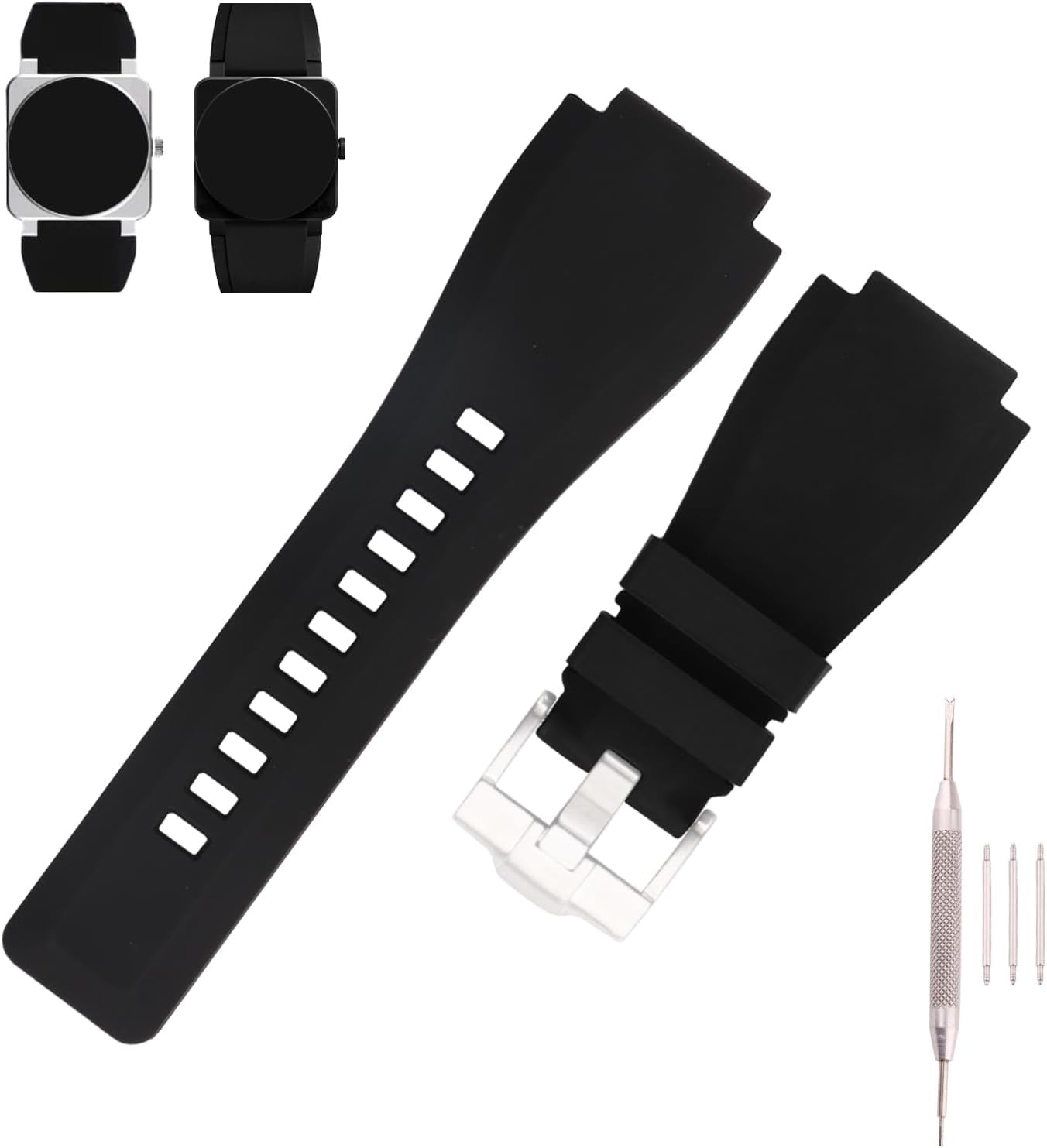 Rubber Watch Bands Replacement Fit for Bell & Ross B&R BR-01 BR01 BR-03 BR03 BR03-92 Diver 24mm*34mm Silicone Strap Wirstband for Men and Women Waterproof Bracelet Watch accessories