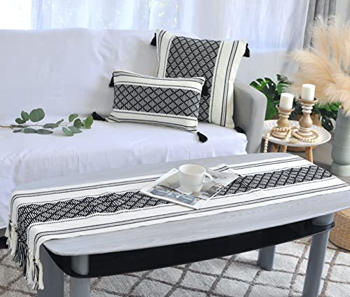 Decorative Boho Throw Pillow Covers With Tassels Black And White 20X20 Inch -Set Of 2/ Designer Square Cushion Covers For Sofa/Farmhouse Woven Pillow Cases/Accent Cushion Covers #TOP6