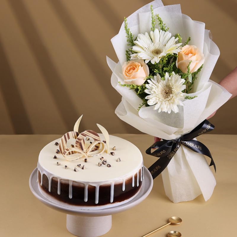 FlowerAura Premium Combo of Fresh Live 2 Gerbera & 2 Roses Flower Bouquet With Delicious 500g Black Forest Cake For Birthday | Anniversary | Valentine’s Day | New Year | Christmas (Same Day Delivery)
