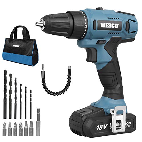 Akku-Bohrschrauber, WESCO 18V 2.0Ah Akkuschrauber mit 13 Stück Zubehör, Drehmomentstufen 21+1, 2-Gang, Bohr max.(Holz…