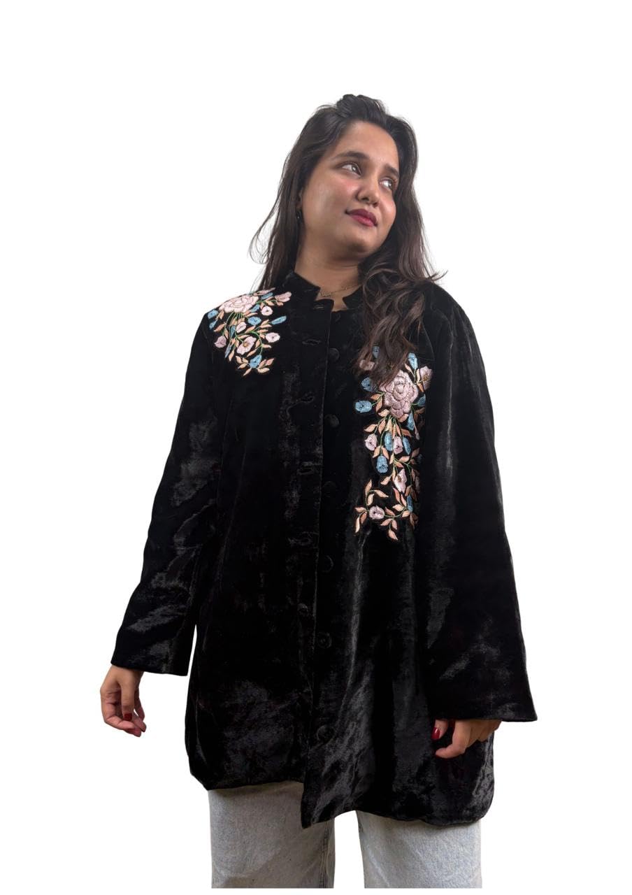 Black Velvet Coat with Floral Hand Embroidery, Mandarin Collar, Long Sleeve, Button Front-picture-22
