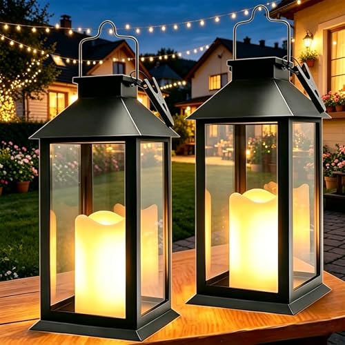Dekofun Lanterne Solaire Exterieur, 2 Pièces Suspension Lampe Solaire avec Bougie LED Flamme Vacillante, IP44 Étanche Deco Jardin Exterieur pour Table...