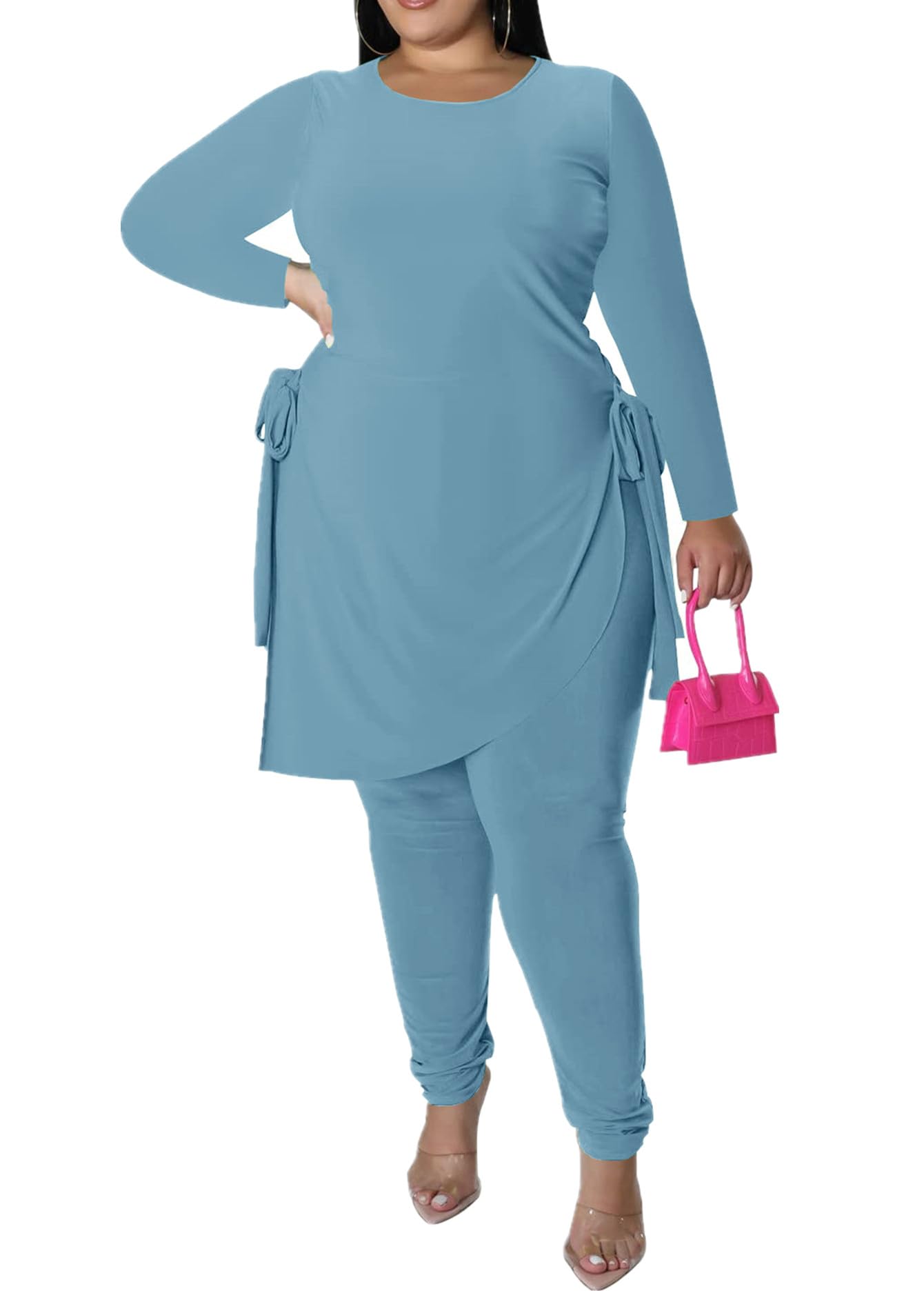 MRSFITOK Plus Size 2 Piece Outfits for Women Pants Sets Sexy Elegant Long Sleeve Split Shirt Bodycon Casual tracksuits