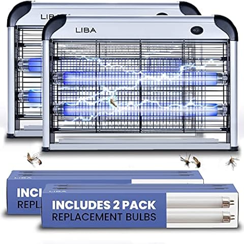 LiBa Electric Bug Zapper (2-Pack) Indoor Insect Killer - (4) Extra Replacement Bulbs - Fly, Mosquito Killer and Repellent - Lightweight, Powerful 2800V Grid, Easy-to-Clean, Removable Washable Tray. Cover