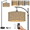 Arc Rattan Floor Lamp for Living Room with RemoteBlack Floor Lamps with 3 Color Temperature Dimmable BulbFarmhouse Boho Standing Lamp with Wicker ShadeAdjustable Tall Lamp for Bedroom Office Corner