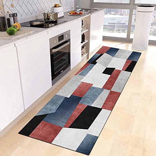 Tapis de couloir extra long bleu 80x500 cm géométrique et lavable - 4