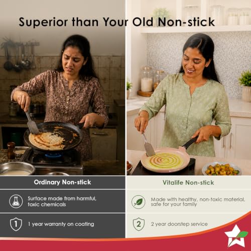 Image of Wonderchef Vitalife Non-Stick Dosa Tawa for Kitchen, 28cm, Non-Toxic Coating, PFOA-Free, Cool-Touch Handles, Scratch-Resistant, Gas & Induction Compatible, 2-Yr Warranty, Terracotta