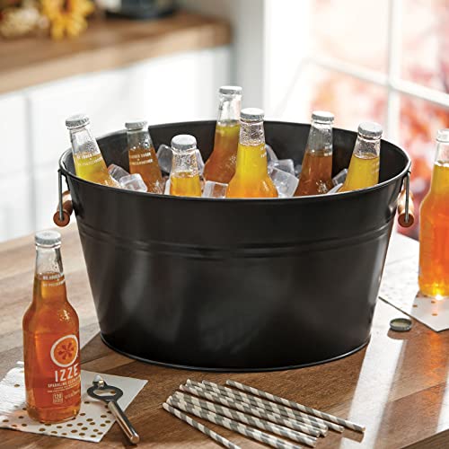 Mdesign Large Metal Beverage Tub Oval Cooler For Beer, Wine, Ice, And Drinks - Portable 4.75 Gallon/18 Liter Cold Drink Trough For Parties - Steel Bin Bucket Stand With Bamboo Handles, Matte Black #TOP1