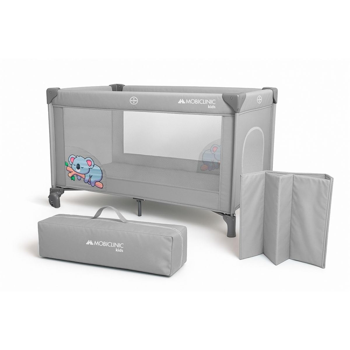 Mobiclinic®, Travel Cot, With Transport Bag, 2 in 1, Ultra-compact Folding, Removable Mattress, Mofli, up to 15kg, Breathable Fabric, Side Entrance with Zip, Wheels, Travel cot with side opening