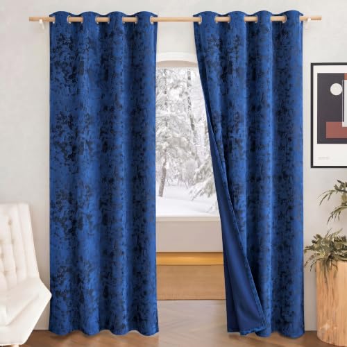 Image of IVAZA Premium Velvet Burnout Pattern 70% Blackout Opaque Curtains - Thermal Insulated, Heavy Blackout Opaques, Room Darkening Curtain for Door 8 Feet Pack of 2 Blue Burnout