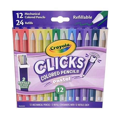 Crayola Clicks 2.0mm Mechanical Colored Pencil Set 12 Pastel Colors Cute School Supplies for Teachers 24 Replacement Cores Ages 6+