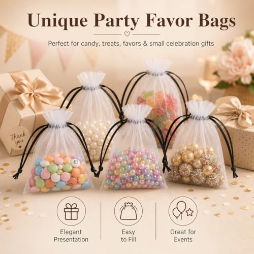 Image of Hopttreely 50PCS White Organza Bags with Black Drawstring, 4x4.72INCH Multi-Purpose Mesh Gift & Fruit Protection Bags for Wedding Favors, Jewelry, Christmas, Sachet, Easter, St. Patrick's Day, Party Supplies, Garden Plant Netting