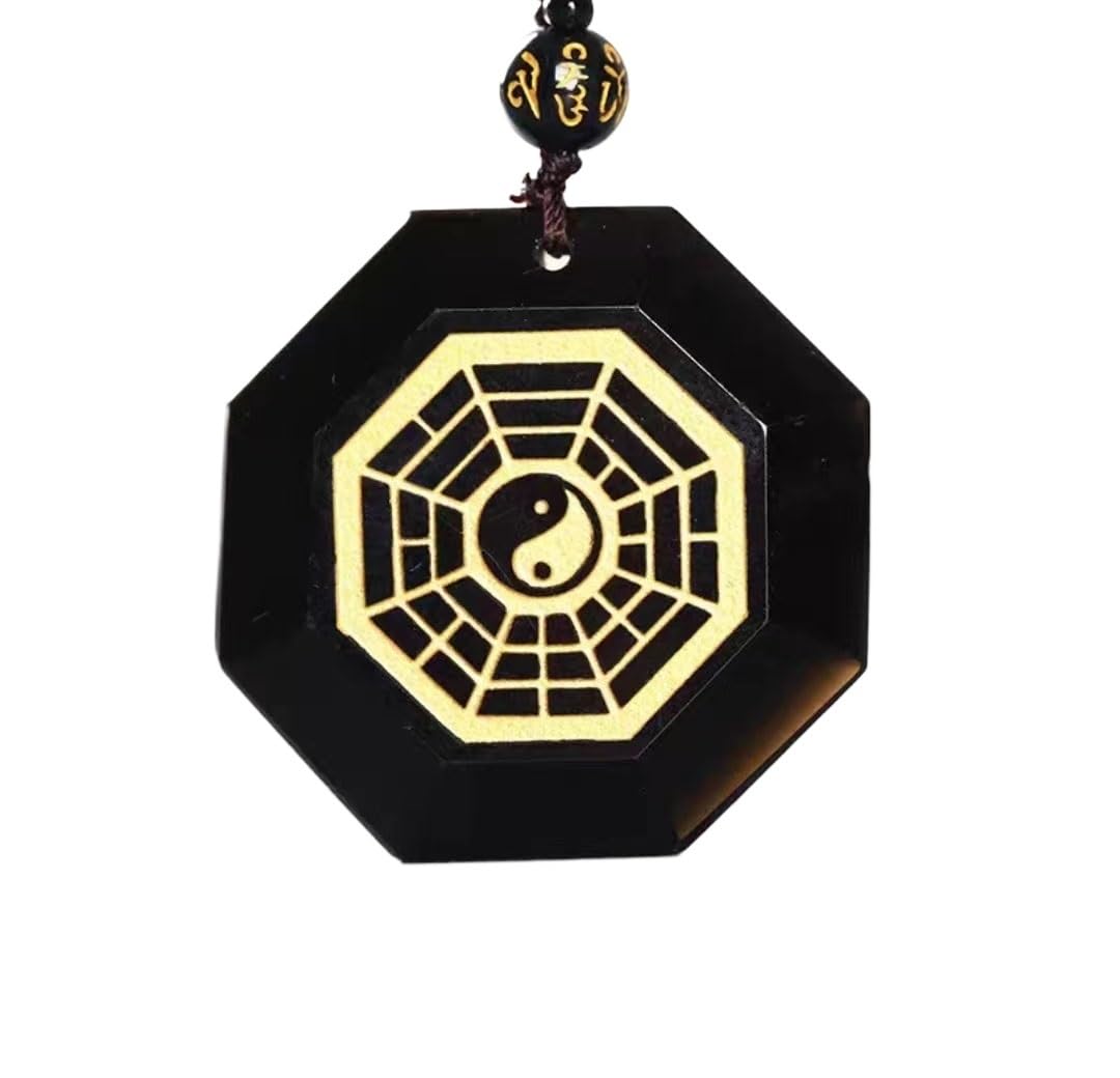 Obsidienne naturelle : pendentif dragon phénix et huit trigrammes