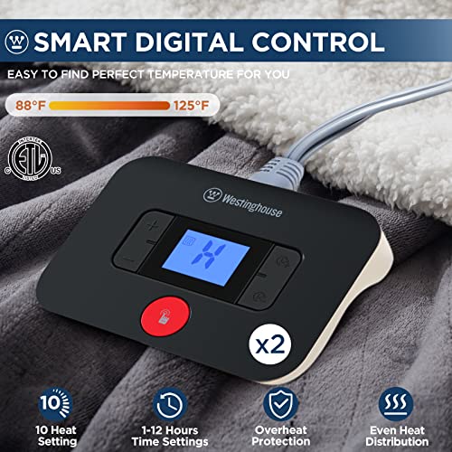 Westinghouse Electric Blanket King, Heated Blanket King Size with 10 Heating Levels and 1 to 12 Hours Heating Time Settings, Flannel to Sherpa Reversible, Machine Washable (90" x 100", Charcoal)