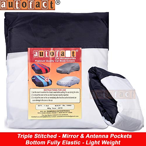 Image of Autofact Car Body Cover for Volkswagen Vento with Mirror and Antenna Pocket (Light Weight, Triple Stitched, Heavy Buckle, Bottom Fully Elastic, White Stripes with Navy Blue Color)