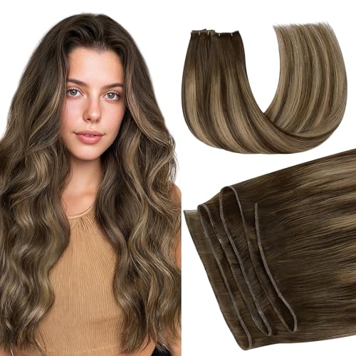 Image of GOO GOO Genius Human Hair Extensions, Sew In Remy Weft, 4 /27 /4 Balayage Chocolate Brown to Caramel Blonde 20inch 120g, Hand Tied Weft