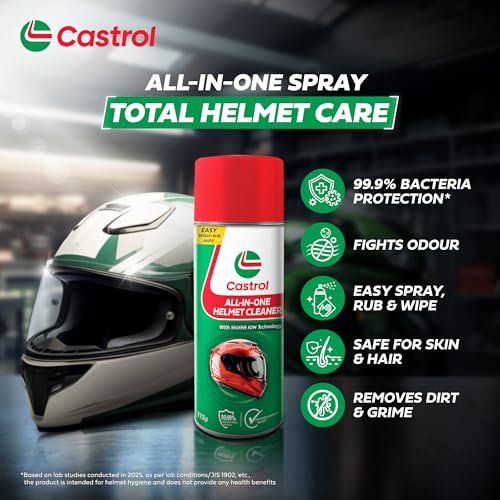 Image of Castrol All-in-One Helmet Cleaner - Anti-Odour & Anti-Bacterial foaming Spray | One Spray for Helmet Inside & Out | Dermatologically Tested | Quick Drying | Suitable for All Helmets (125ml)