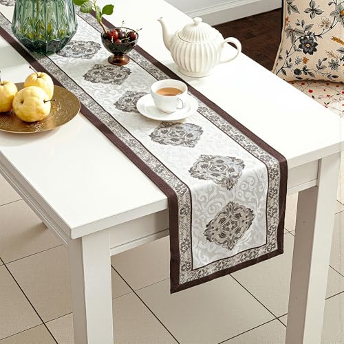 Image of Heart Home Velvet 13x72 Inch Heavy Table Runner for Home Decor | 6 Seater Dining Table Place Mat Elegant Soft Feel /Machine Washable | Juliet 1186 - Cream & Brown
