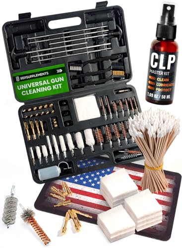 Universal Gun Cleaning Kit for All Guns - Portable Gun Cleaning Kits for Hand guns and Rifles, Shotgun, Airsoft - 1.69 Oz Clp Gun Cleaning Oil, Stainless Steel Rods, Brass Jags, Patches, Swabs