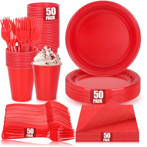 Red Plastic Plates for Party Disposable Red 9 Dinner Party Plate Cups Napkins Set for 50 Guests Party Supplies Dinnerware for Christmas Birthday Wedding BBQ