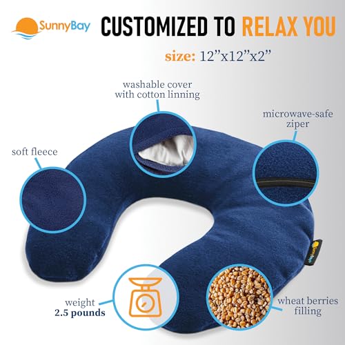 SunnyBay Microwave Heating Pad, Microwavable Heated Neck Pillow for Moist Hot Therapy, Heated Neck and Shoulder Wrap with Wheat Filling and Washable Cover, 12"X12"X2", 2.5 lbs, Navy Blue