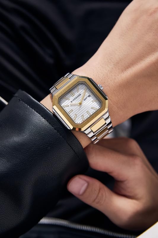 Image of Giordano Square Formal Watch for Men - Textured Dial,Day & Date Display and Stylish Stainless Steel Strap