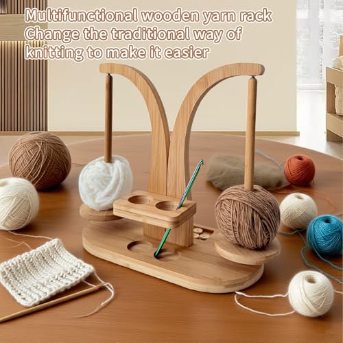 Image of Magnetic Wooden Yarn Holder for Crocheting & Knitting - Smooth Rotating Yarn Spinner with Double Spindles, Tangle-Free Thread Dispenser, Ideal Gift for Knitters & Weavers (Natural)