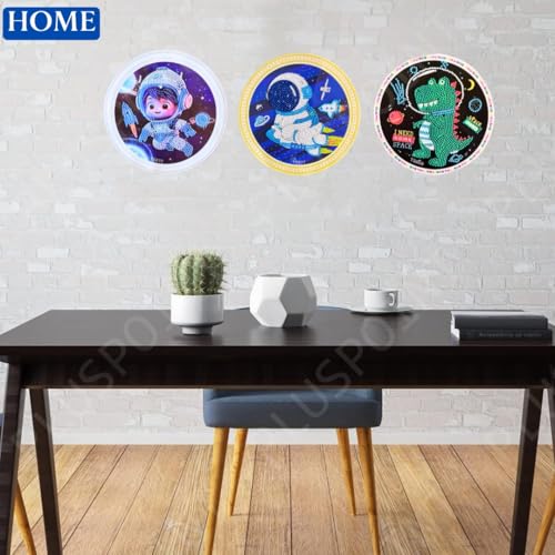 Image of PLUSPOINT 5D Diamond Gem Kits for Kids Pack of 3 Design Diamond Arts and Crafts for Kids Ages 6 8 10 12 Gem Art Painting Kit Astronaut Dino Crafts Diamond Painting Kits for Boys