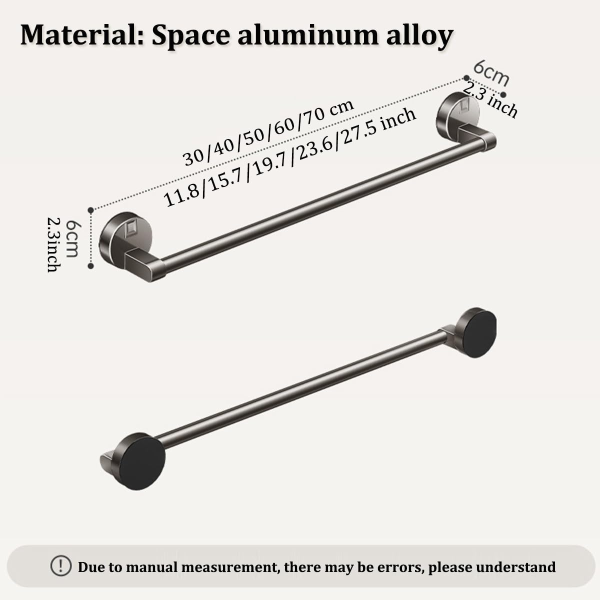 NoDrill Aluminiowy wieszak na ręczniki, 50 cm, akcesoria łazienkowe, przyssawka, uchwyt na ręczniki, nowoczesny szary wieszak na ręczniki do mieszkań i niezbędnych artykułów domowych
