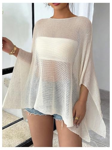 MakeMeChic Women's Sheer Poncho Top Crochet Poncho Shawl Knit Sweater Cover Up3