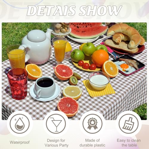 Image of 12 Pack Brown and White Plastic Checkered Tablecloth, Premium Decorative Disposable Tan Gingham Plaid Table Cloths for Parties, Rectangle Party Table Cover for Picnic Farm Birthday Fall, 54x108 Inch