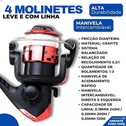 Kit De Pesca Completo 4 Vara + 4 Molinete e Maleta Com Acessórios Bóias, Anzóis, Chumbadas, Iscas, G