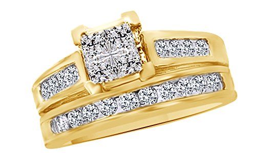 AFFY 3 Cttw White Cubic Zirconia Engagement & Wedding Bridal Ring Set 14K Yellow Gold Over Sterling Silver Ring Size-4