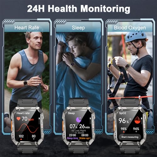 Smartwatch Men Military, 100 Days Battery Life/LED Flashlight/Compass/2 Wristbands/IP68 Waterproof, 100+ Sports Modes Sports Watch, Make/Receive Calls Smartwatch Outdoor Fitness Watch for Android iOS - Image 6