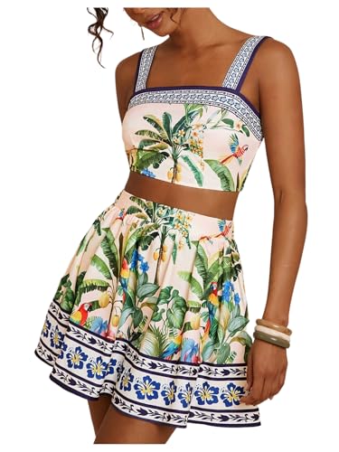 Image of Floerns Women's Two Piece Outfit Tropical Crop Cami Top and Summer Skirts Set
