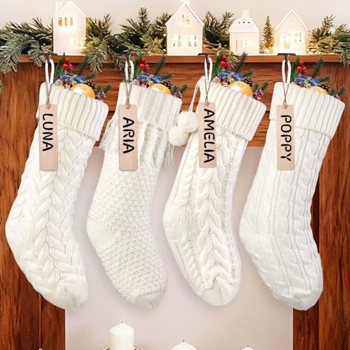 Teeanzo 4Pack 18 Inches Christmas Knitted Hanging Stockings Xmas White Large Farmhouse Rustic Neutral Cable Knit Personal Stockings Decorations for Christmas Tree Fireplace Family Holiday Party Decor