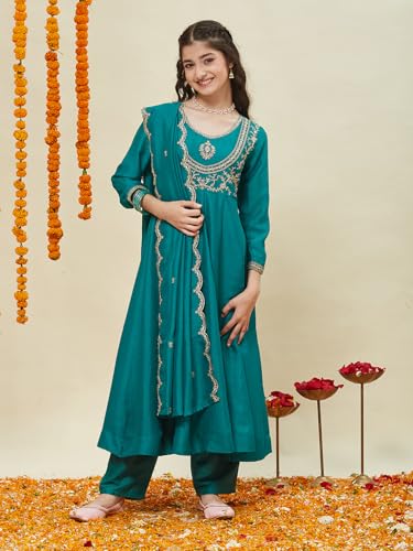 Image of Curly Tales Girls Embroidered Kurta Set with Dupatta | Festive Ethnic Wear for Girls | Stylish Suit Set for Weddings & Celebrations